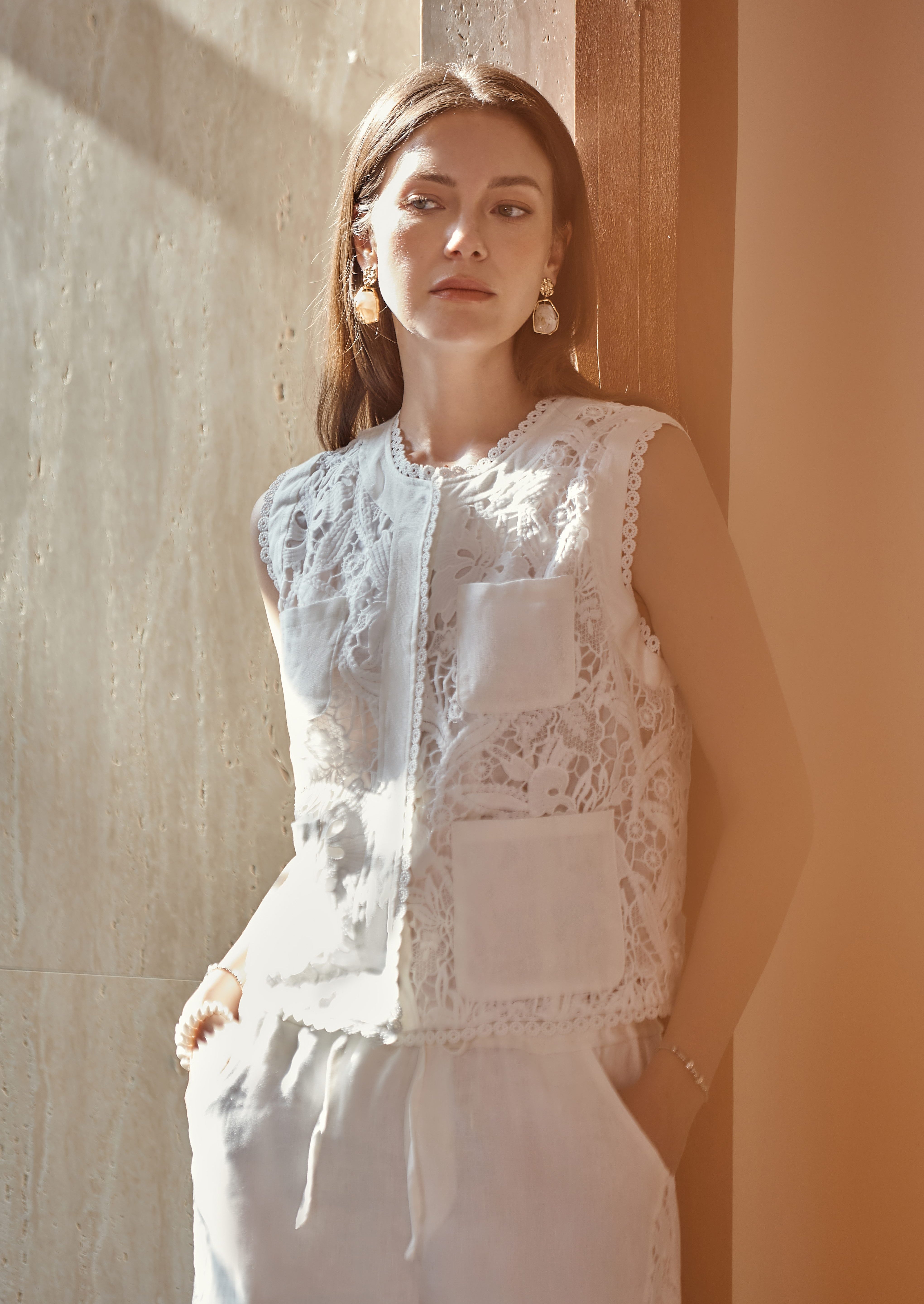 White Linen Wide-Leg Lace Pants