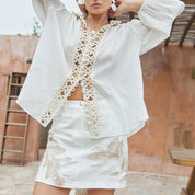 Lace patchwork H-line cotton-linen long sleeve top