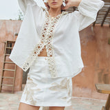 Lace patchwork H-line cotton-linen long sleeve top