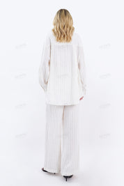 Cream Yarn-Dyed Striped Linen Wide-Leg Pants