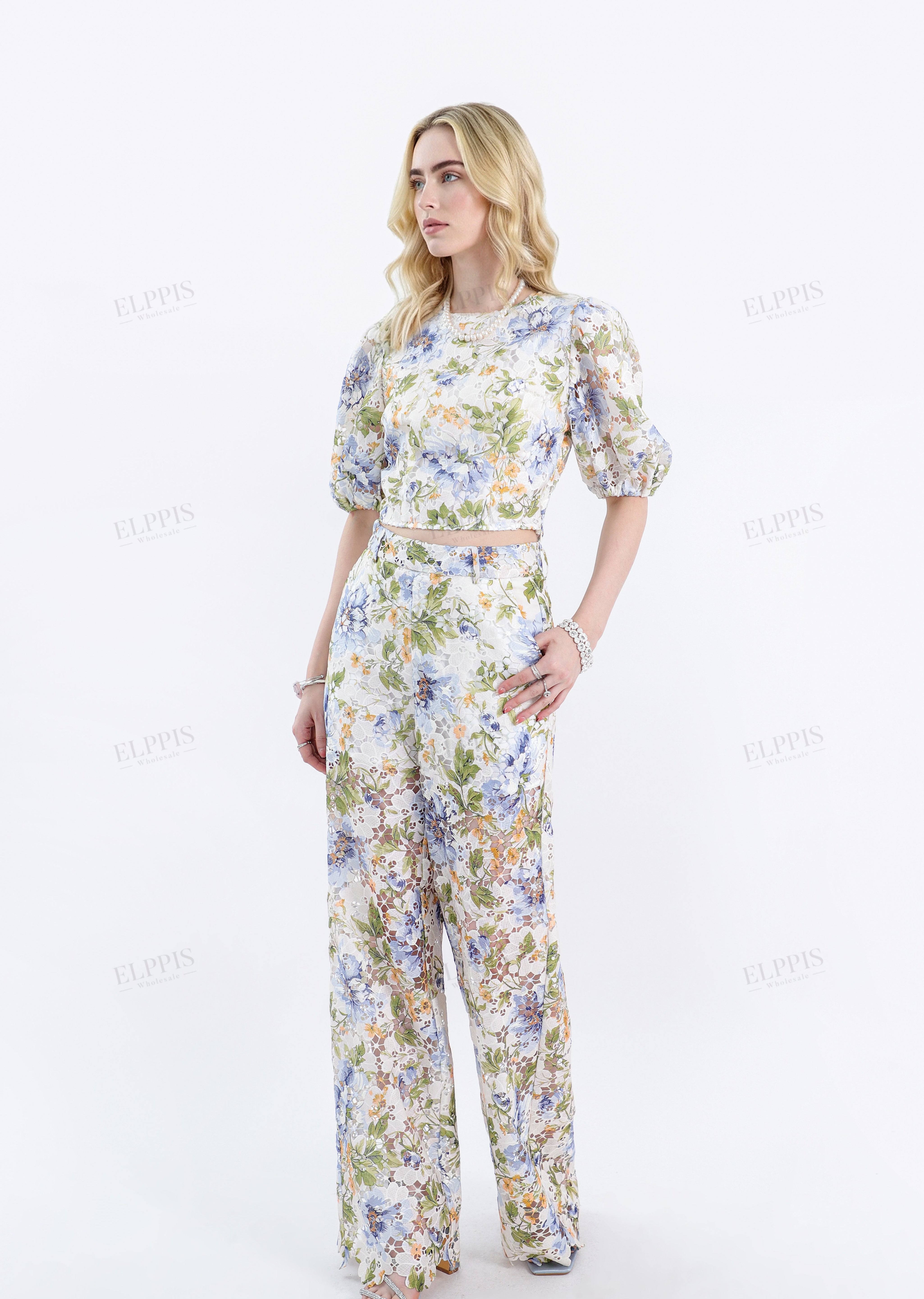 Wide-Leg Lace Floral Pants