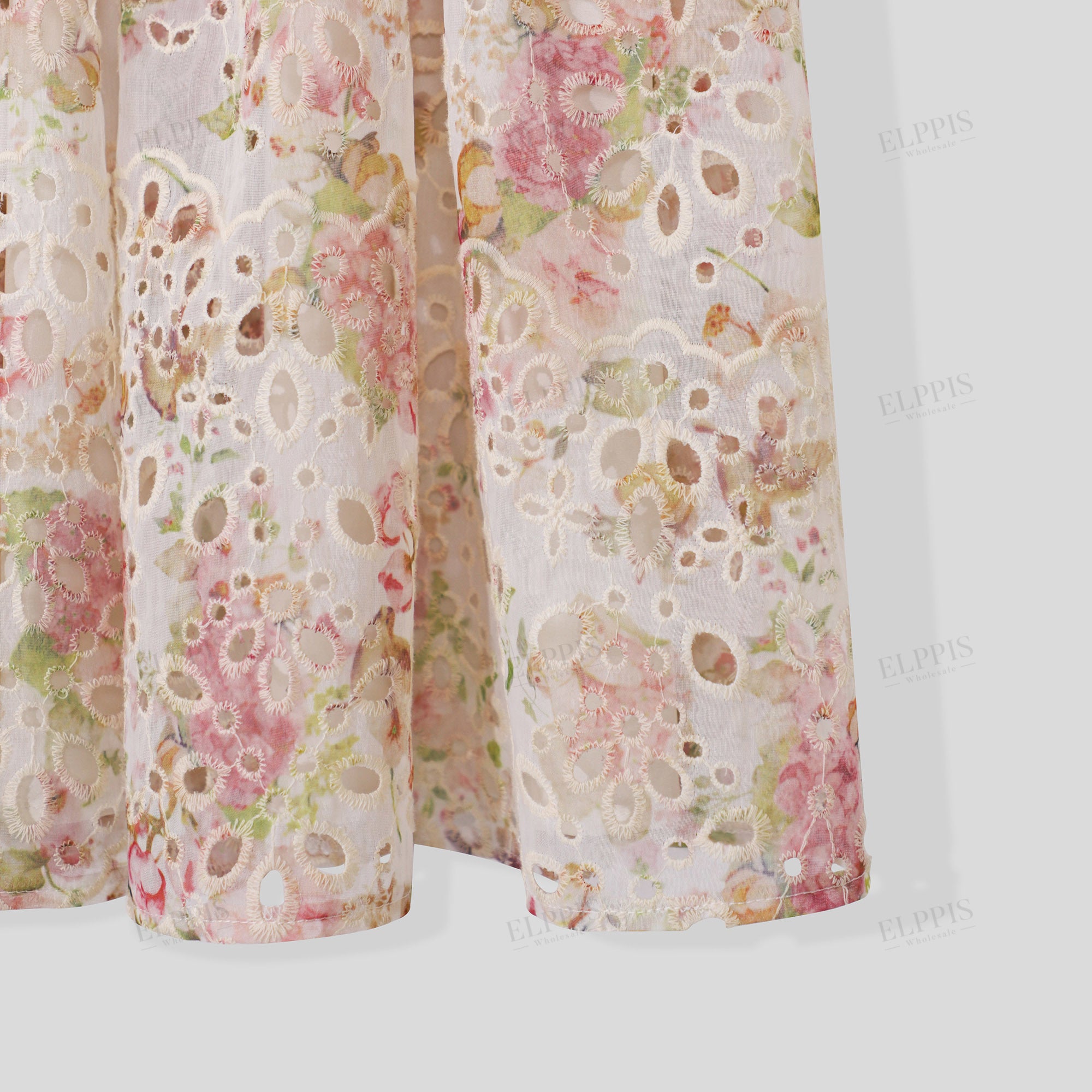 100% cotton lace embroidered printed midi U-neck lantern sleeve A-line dress