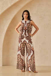 Ivory & Multi-Tone Ornate Pattern Wide-Leg Pants