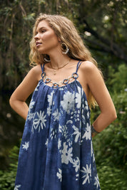 Navy Blue Floral Print Spaghetti Strap Maxi Dress