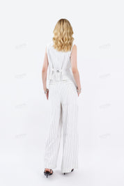 White Viscose-Linen Blend Striped Wide-Leg Pants