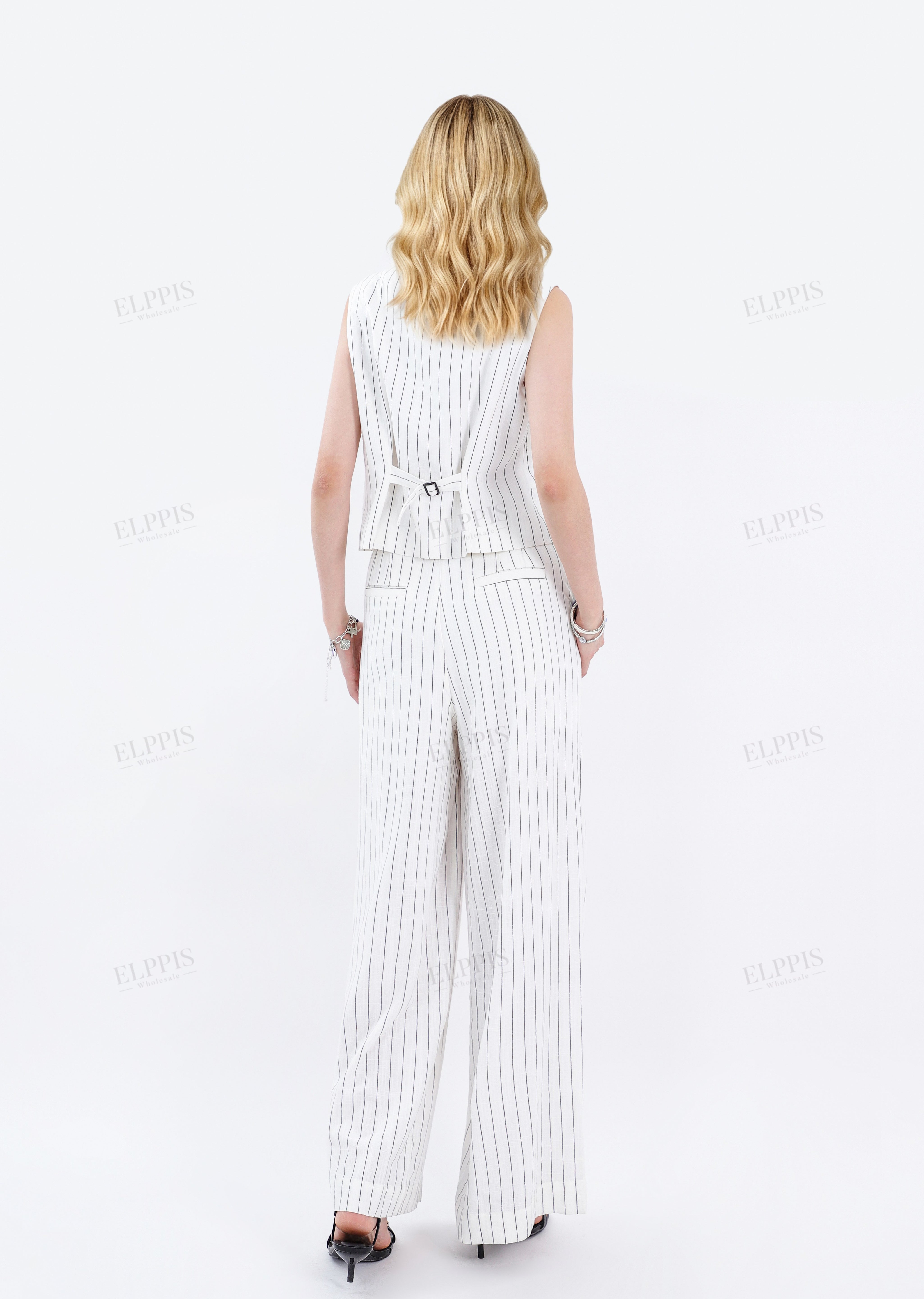 White Viscose-Linen Blend Striped Wide-Leg Pants