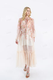 Pastel Floral Print Sheer Maxi Dress with Tie Neck