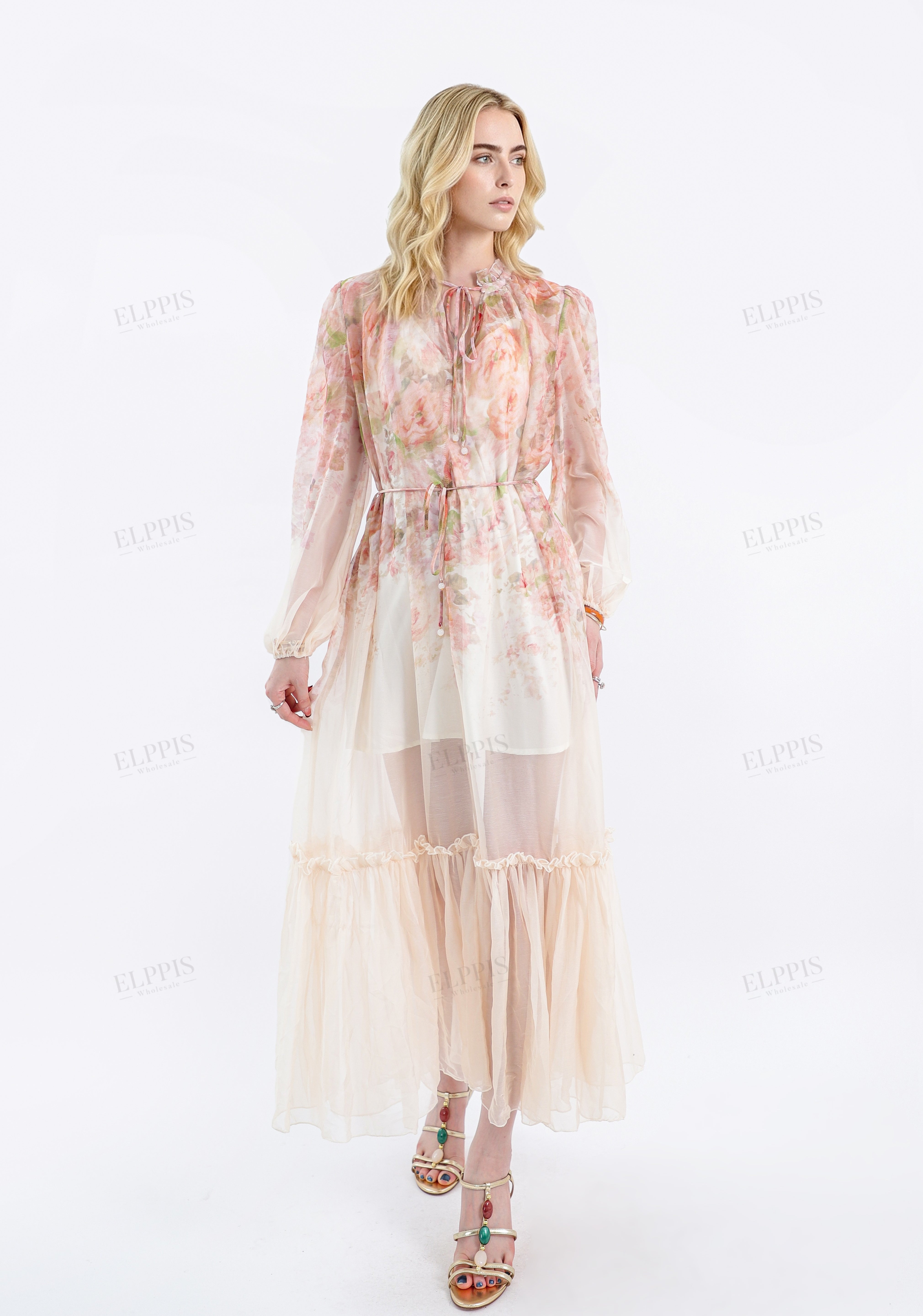 Pastel Floral Print Sheer Maxi Dress with Tie Neck