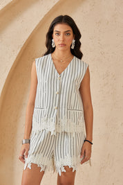 Black-Striped White Shorts with Lace Hem