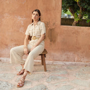 Decorative button A-line rayon short sleeve jumpsuit