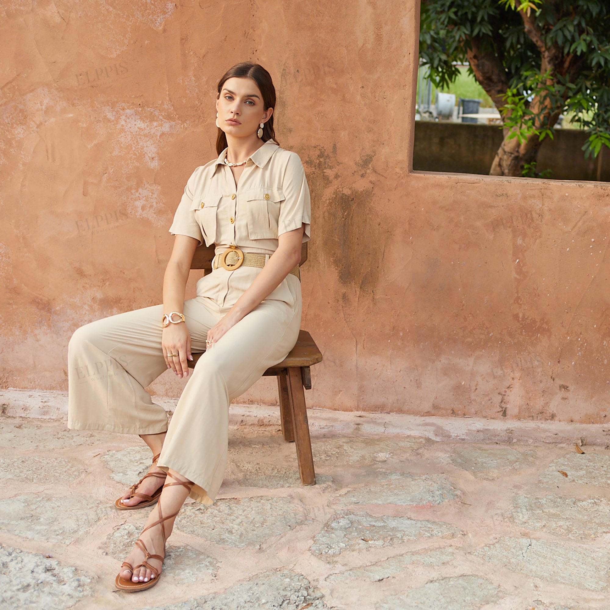 Decorative button A-line rayon short sleeve jumpsuit