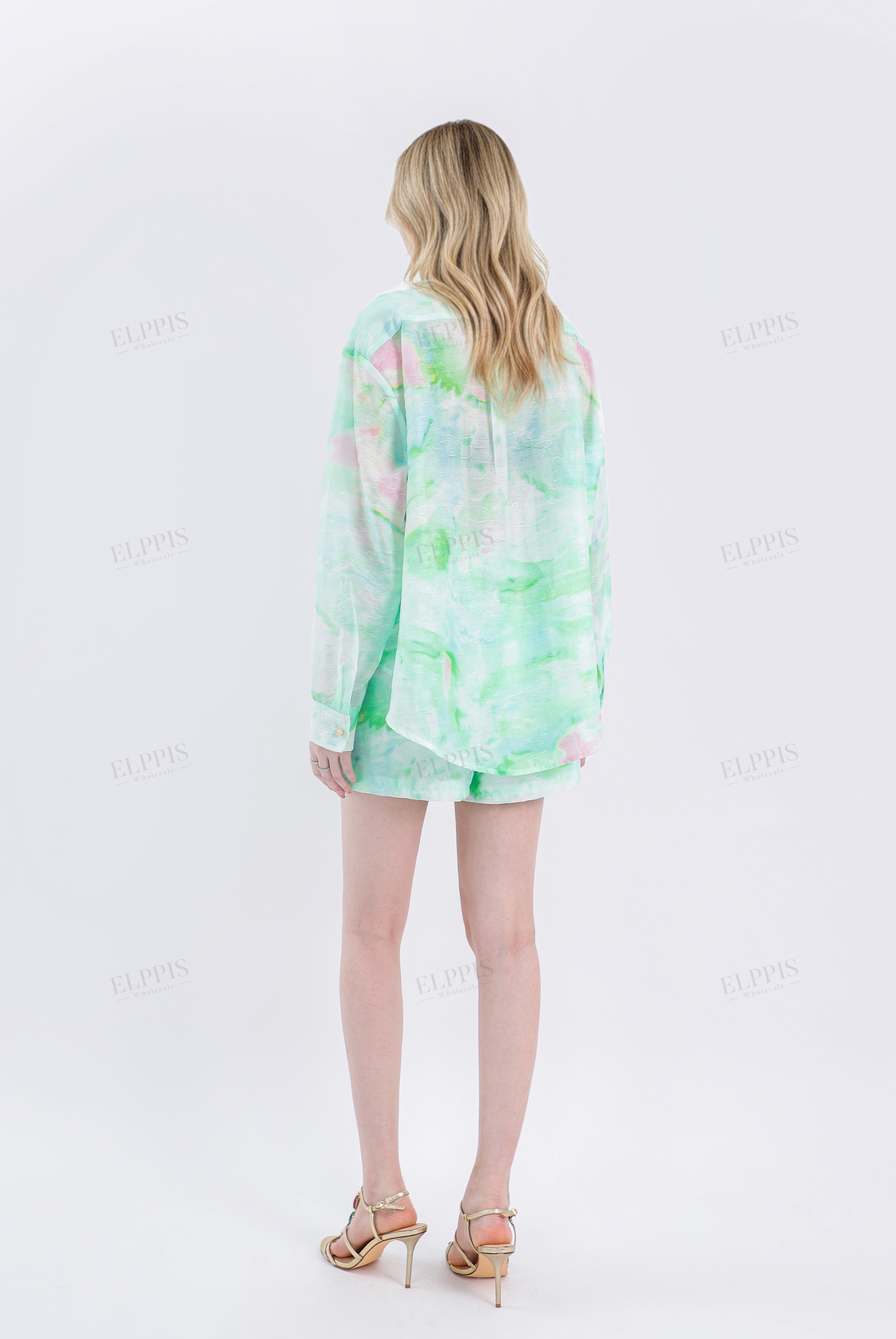 Watercolor Print Lightweight Collared Long Sleeves Blouse