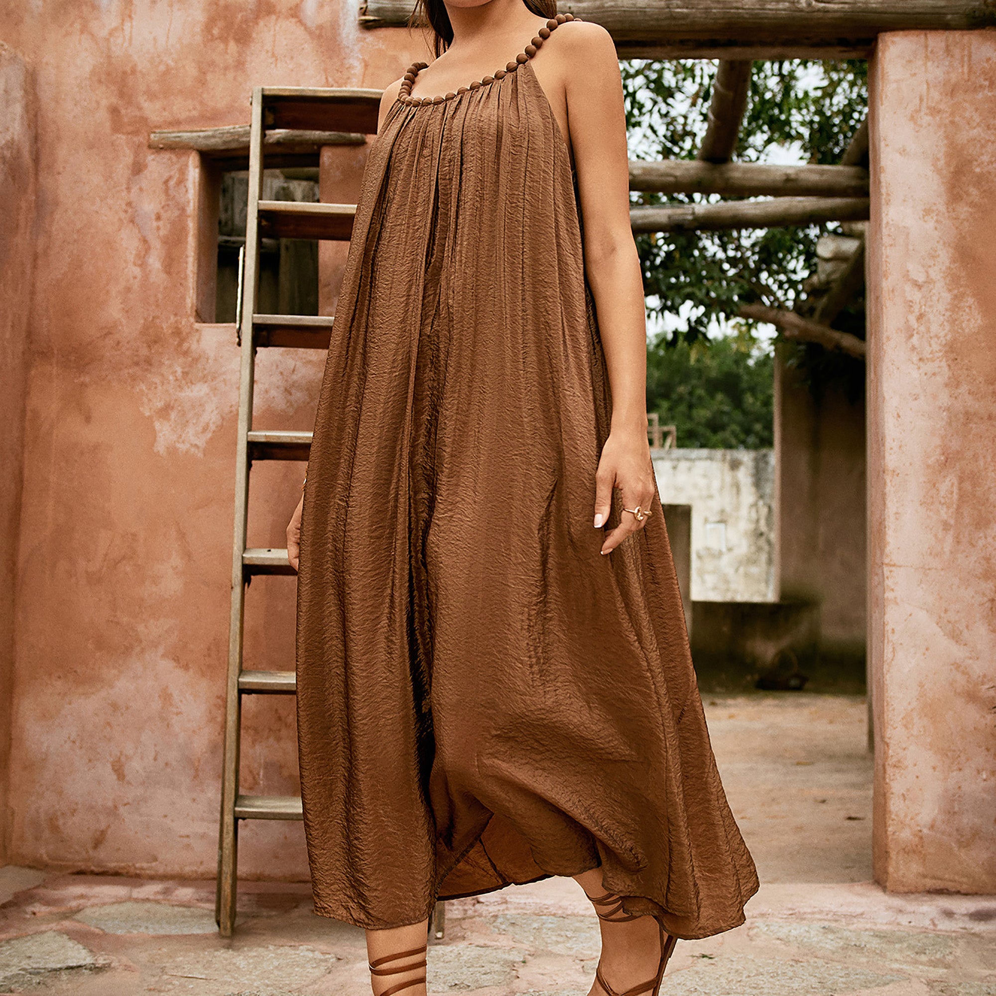 Vacation style 3D bead decorated pleated spaghetti strap maxi dress