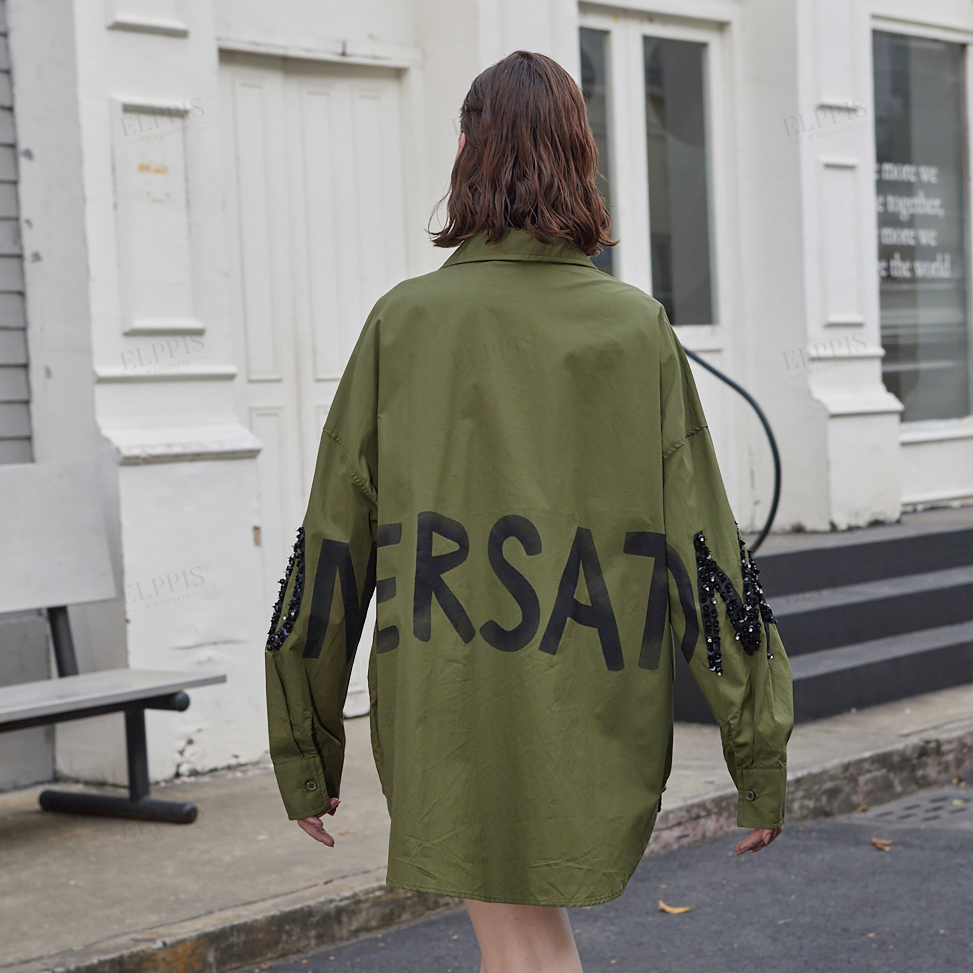 Letter print hand-beaded loose shirt