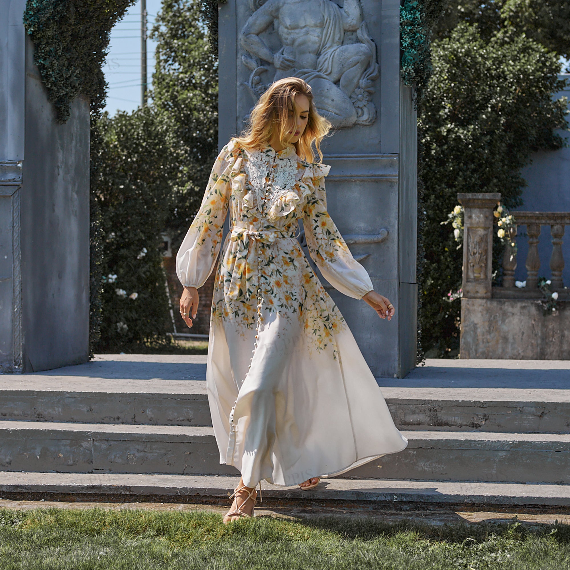Placement printed patchwork hollow lace ruffle collar long sleeve maxi dress