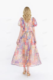 Colorful Patchwork Puff-Sleeve Maxi Dress