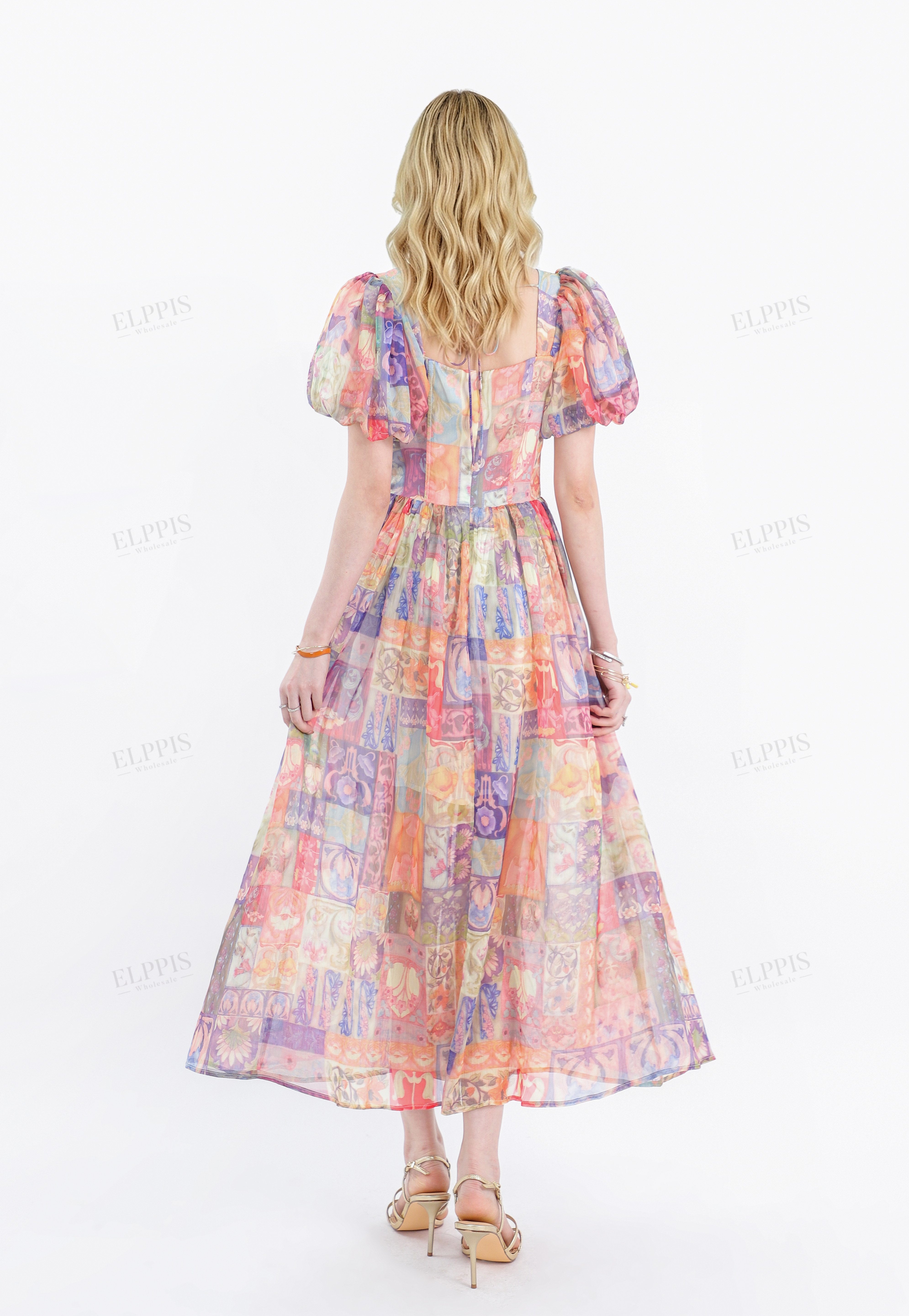 Colorful Patchwork Puff-Sleeve Maxi Dress
