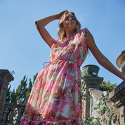Chiffon digital print stand collar A-line midi sleeveless dress