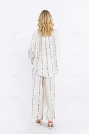 Cream Linen-Blend Long-Sleeve Shirt with Black Dot Stripes