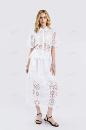 White Woven Midi Skirt with Eyelet Embroidery & Side Bow