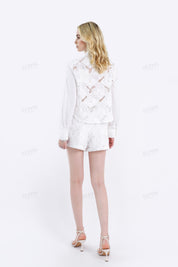 White Floral Cutwork Embroidery Long-Sleeve Shirt