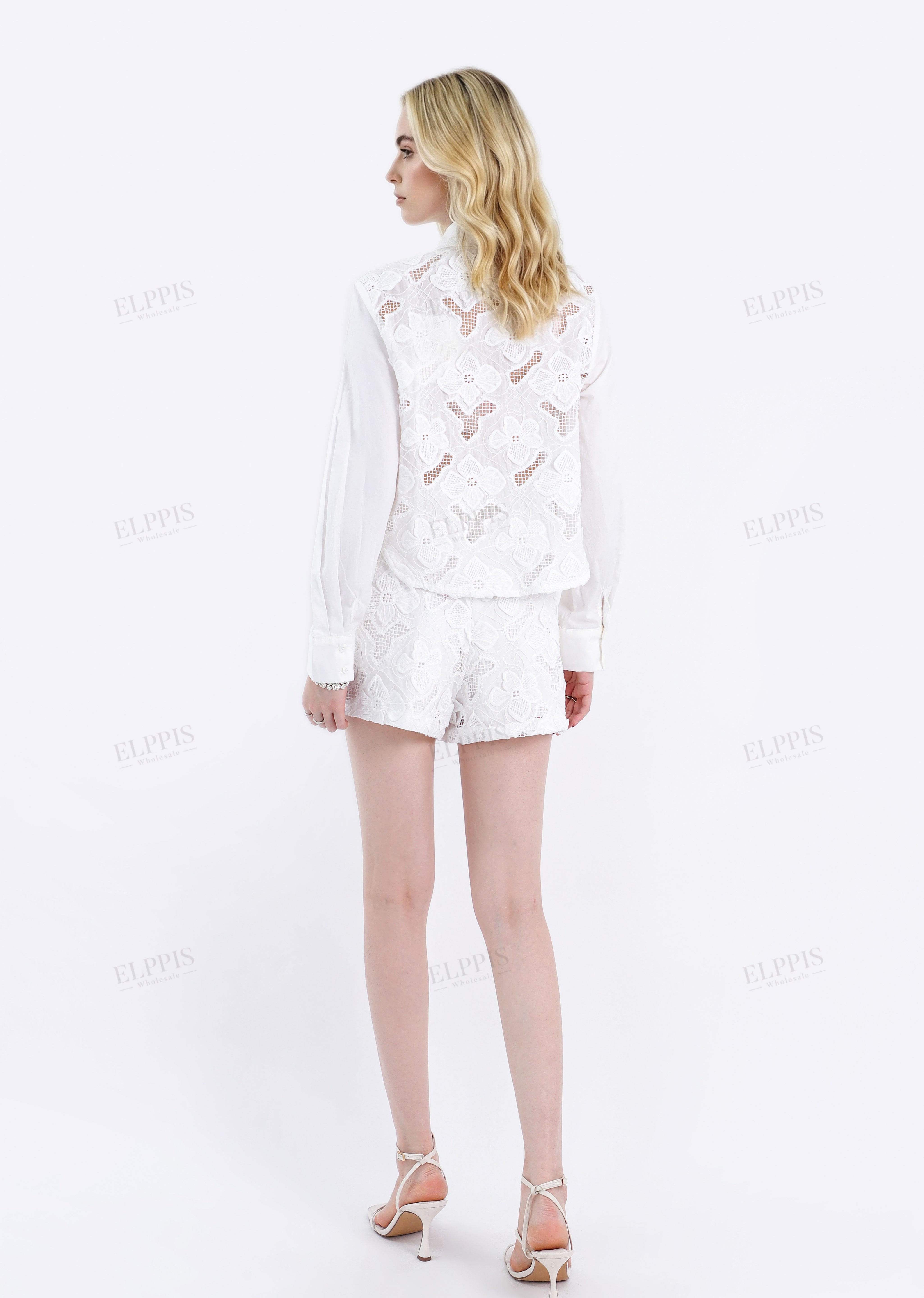 White Floral Cutwork Embroidery Long-Sleeve Shirt