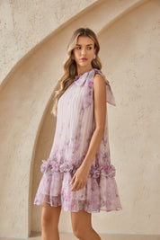 Blush Pink Romantic Rose Print Chiffon Blouse with Balloon Sleeves
