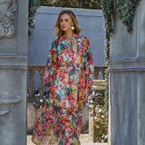 3D flower decorated collar long sleeve geometric print A-line long dress