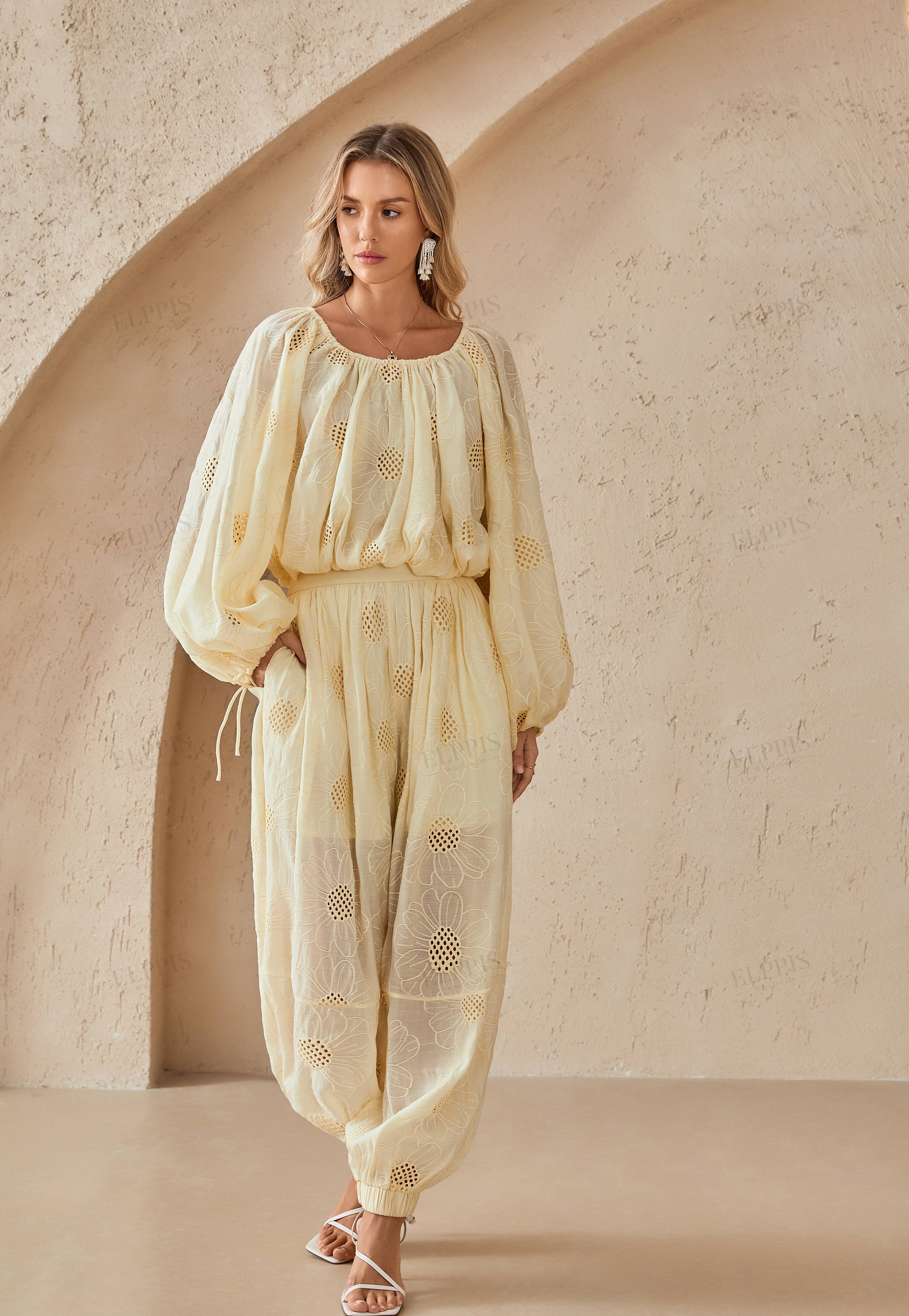 Off-the-Shoulder Eyelet Embroidered Blouse