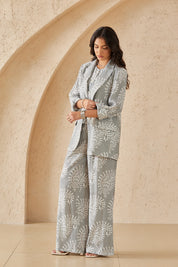 Gray & White Paisley Print Wide-Leg Pants