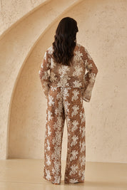 Brown & White Floral Lace Wide-Leg Pants