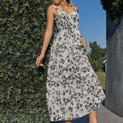 Black and white floral cotton embroidered A-line strapless maxi dress