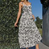 Black and white floral cotton embroidered A-line strapless maxi dress