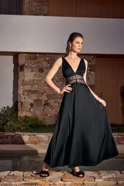 Black Satin Halter V-Neck Lace Panel Maxi Dress