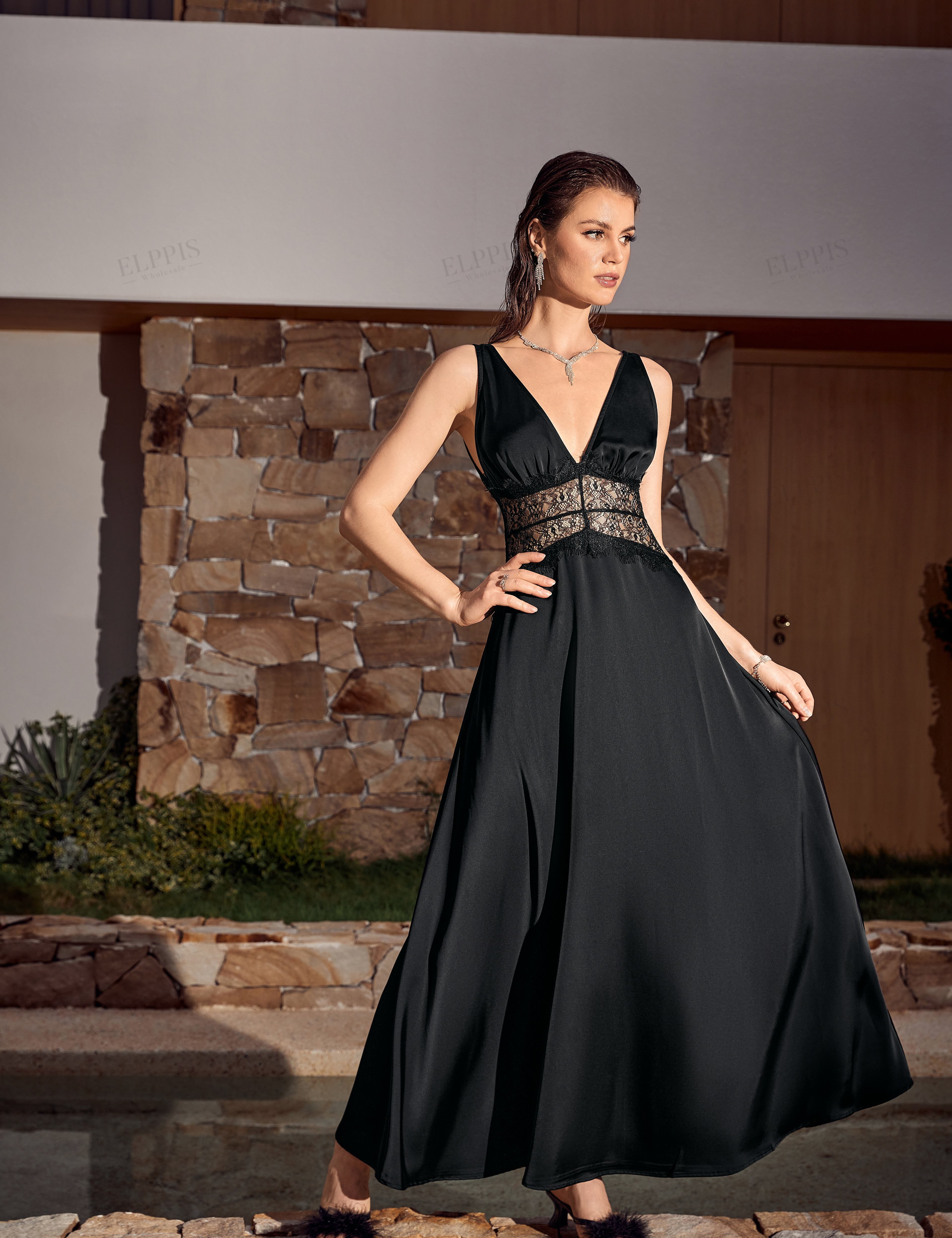 Black Satin Halter V-Neck Lace Panel Maxi Dress