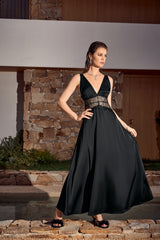 Black Satin Halter V-Neck Lace Panel Maxi Dress