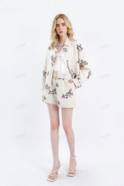 Beige Linen-Cotton Floral Embroidered High-Waisted Shorts