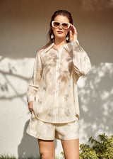 Cream Sheer Pearl Embellished Oversized Shirt