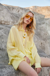Lemon Yellow Sheer Organza Shirt with Floral Statement Buttons