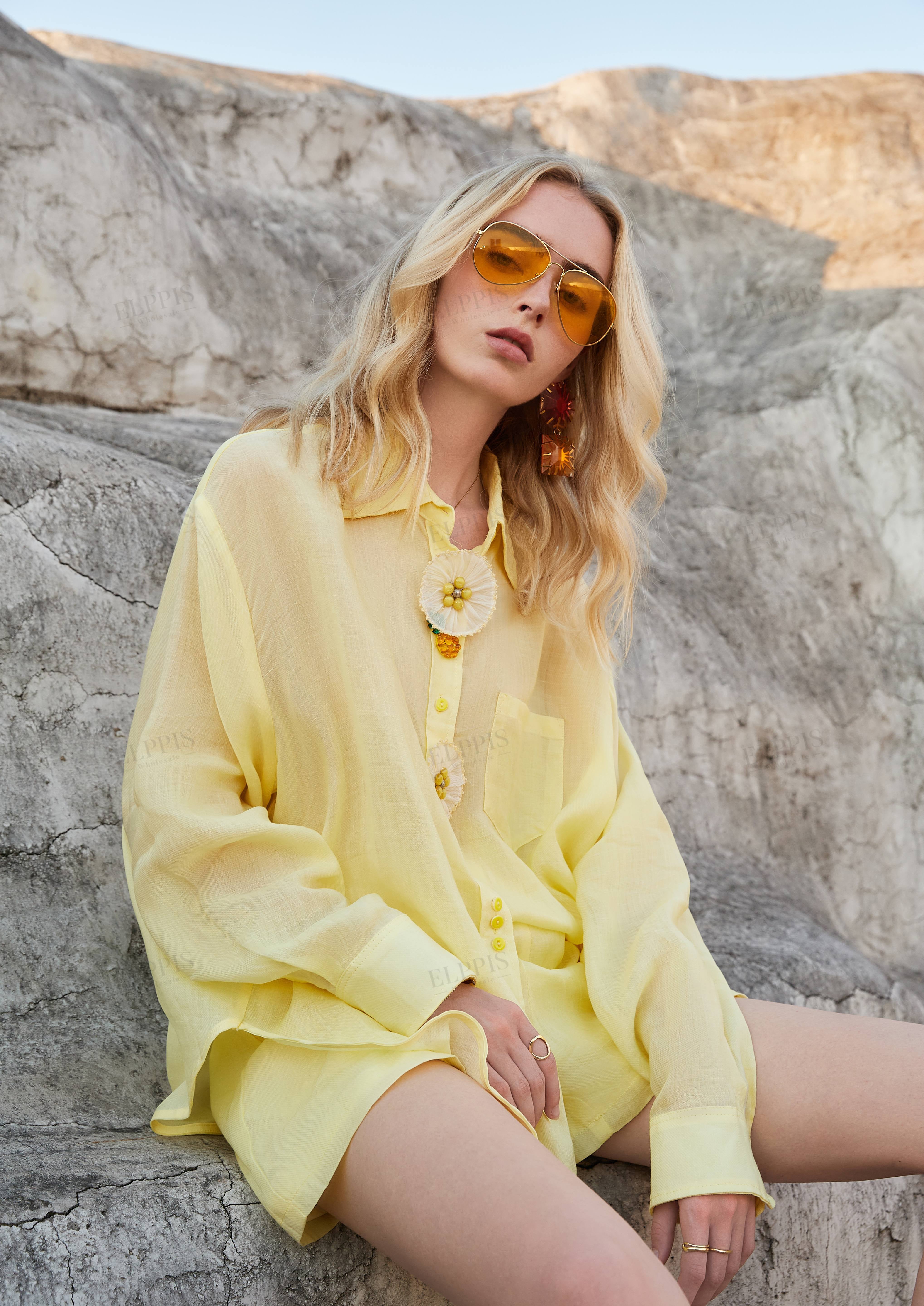 Lemon Yellow Sheer Organza Shirt with Floral Statement Buttons