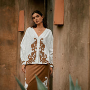 Color-block patchwork embroidered H-line cotton-linen midi skirt
