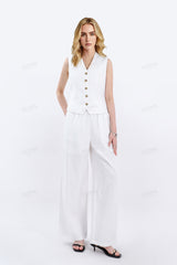 White Cotton-Linen Blend Wide-Leg Pants