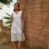 Cut-out embroidered lace trim cotton-linen A-line midi tank dress