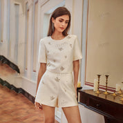 H-line beaded short sleeve round neck top