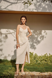 Beige Textured Ruffled Midi Skirt