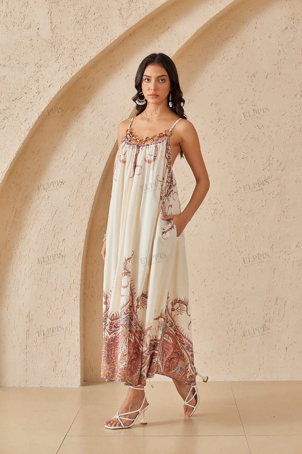 Ivory Paisley Print Maxi Dress with Beaded Halter Neck