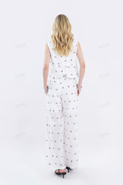 White Cotton-Linen Blend Print Sleeveless Vest