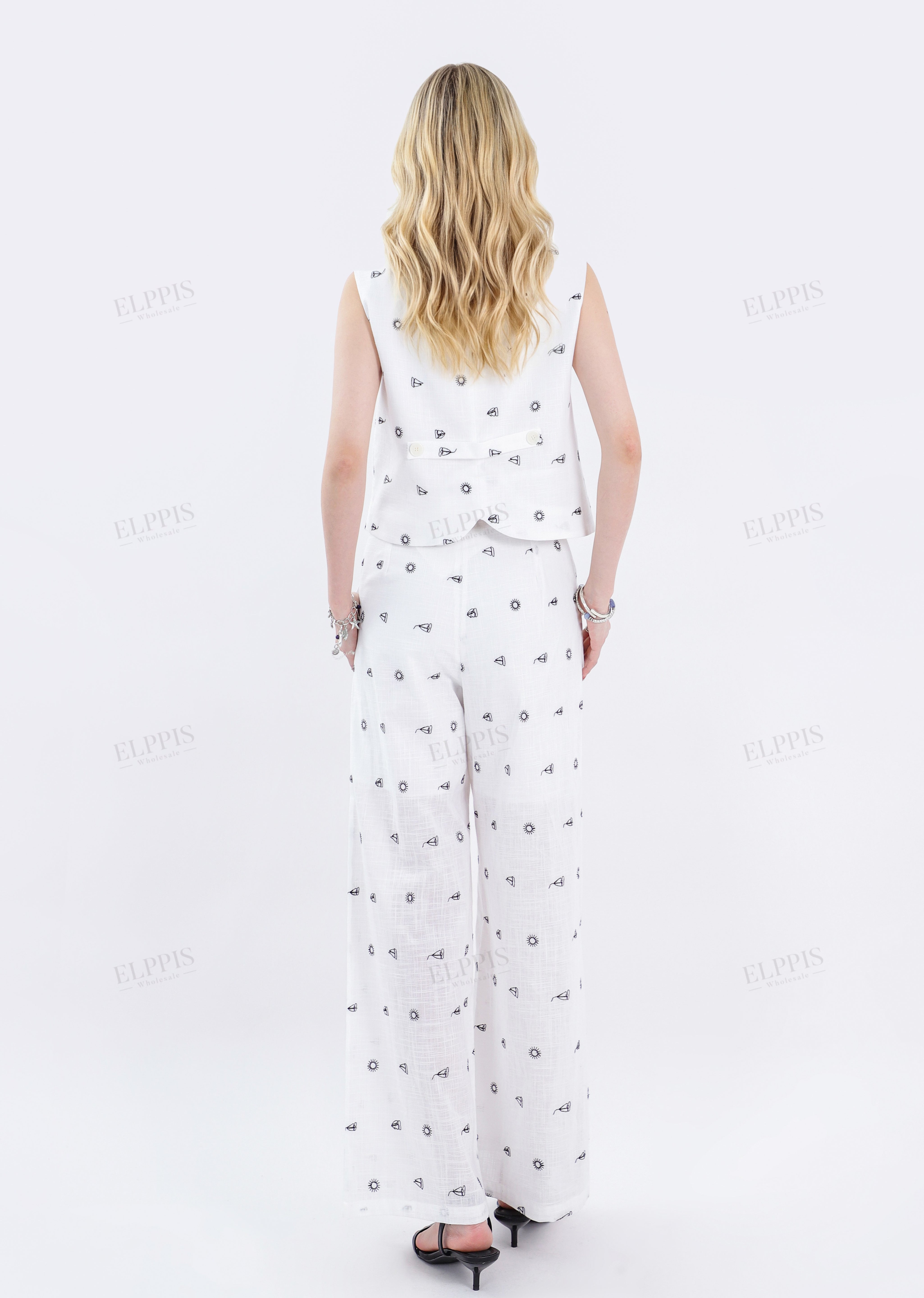 White Cotton-Linen Blend Print Sleeveless Vest