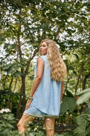 Light Blue Sleeveless Shirt with Pom-Pom Crochet Trim