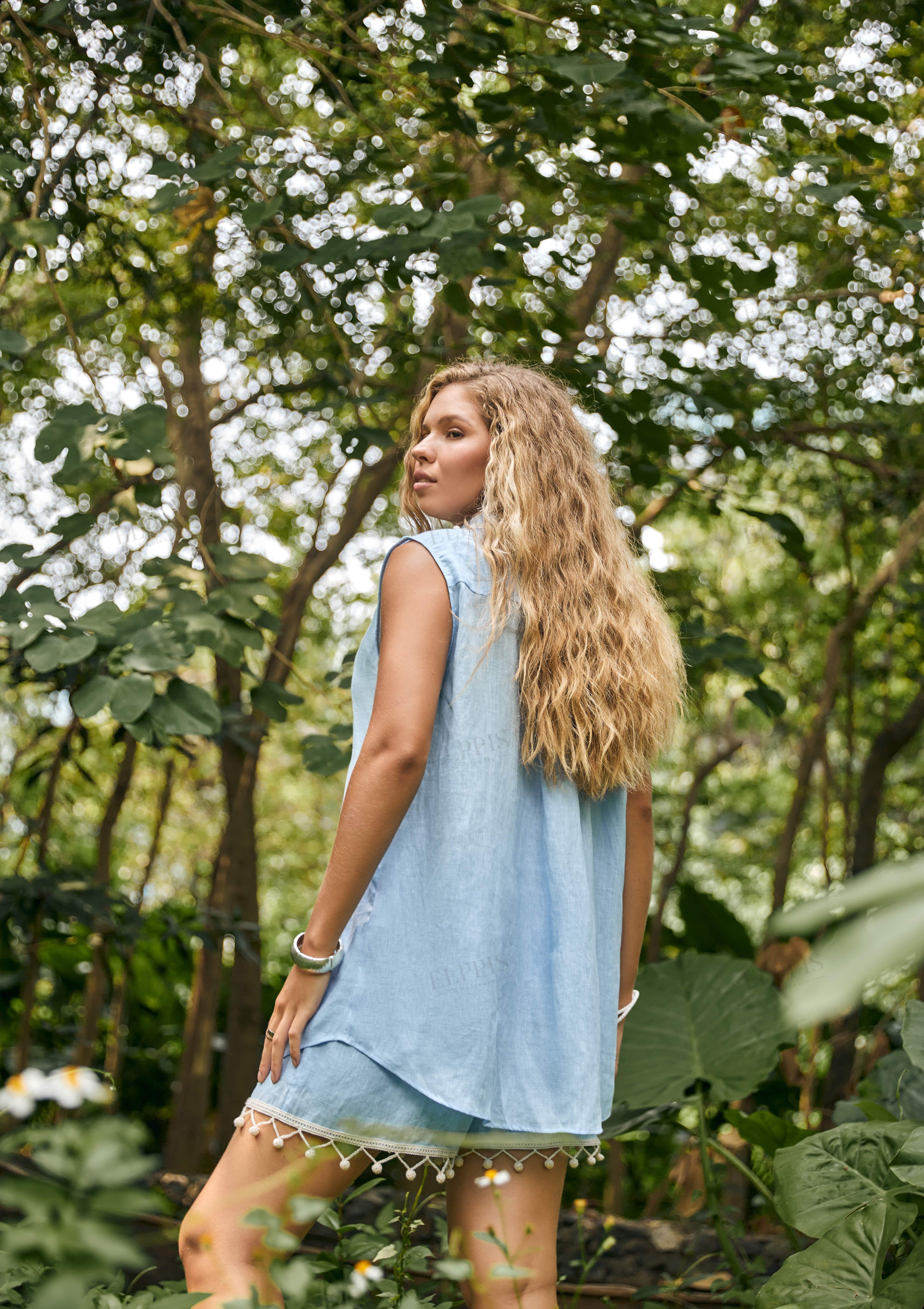 Light Blue Sleeveless Shirt with Pom-Pom Crochet Trim